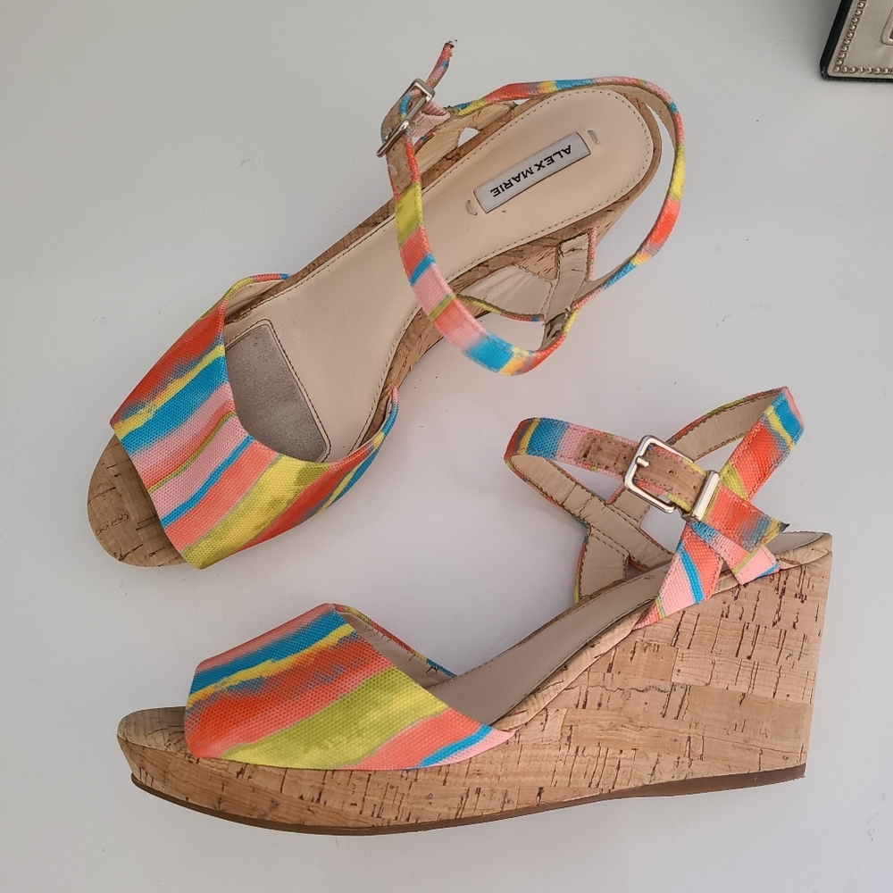 Alex Marie Colorful Cork Wedge Sandals Size 8 Summer Resort Vacation